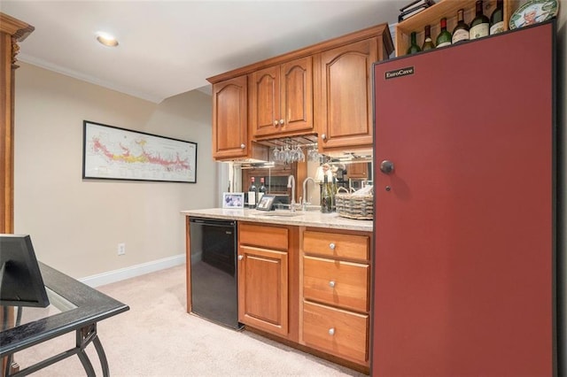4653 Glory Maple Trce, Powder Springs, GA 30127 - kitchen featuring dishwasher, fridge, light colored carpet, crown molding, and brown cabinets