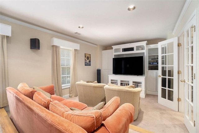 4653 Glory Maple Trce, Powder Springs, GA 30127 - living area featuring ornamental molding, french doors, light colored carpet, and recessed lighting