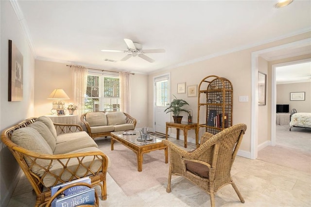 4653 Glory Maple Trce, Powder Springs, GA 30127 - living area featuring a ceiling fan, ornamental molding, and light colored carpet