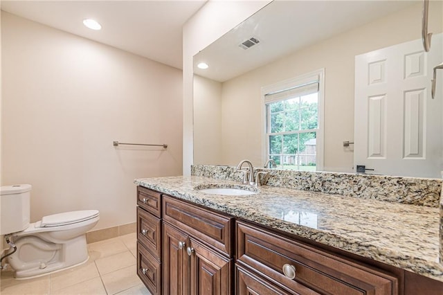 bathroom with toilet, tile patterned flooring, and vanity