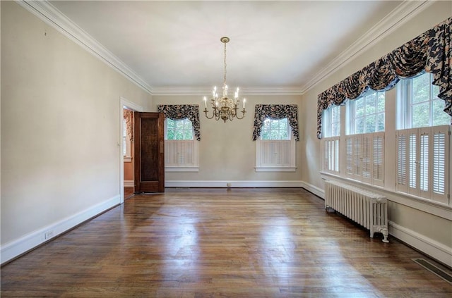 unfurnished dining area with a healthy amount of sunlight, ornamental molding, radiator heating unit, and dark hardwood / wood-style flooring