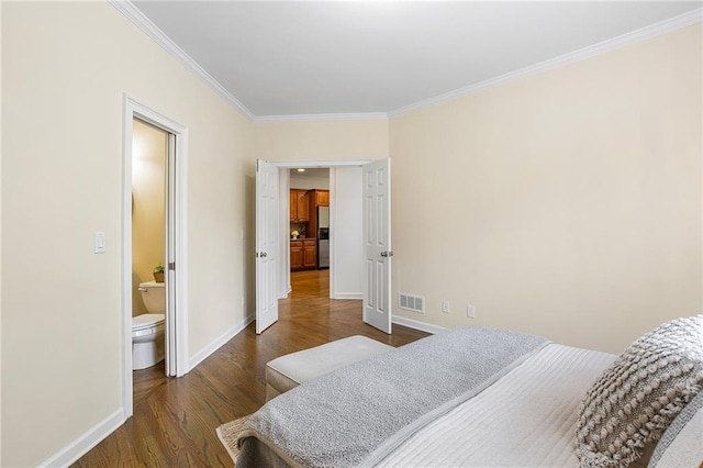 5355 Highland Pine Ln, Mableton, GA 30126 - bedroom featuring stainless steel refrigerator with ice dispenser, ornamental molding, and wood finished floors