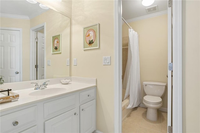 5355 Highland Pine Ln, Mableton, GA 30126 - full bath featuring vanity, tile patterned flooring, ornamental molding, and shower / bath combo with shower curtain