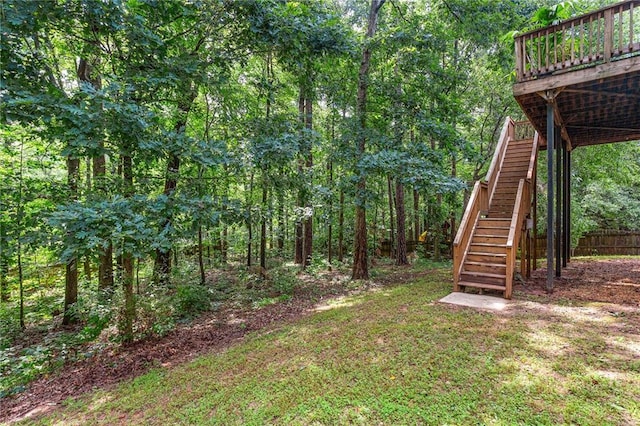 5355 Highland Pine Ln, Mableton, GA 30126 - view of yard with stairway, a deck, and a wooded view