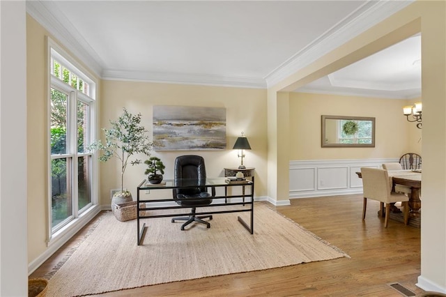 5355 Highland Pine Ln, Mableton, GA 30126 - office area with crown molding, wood finished floors, and a chandelier