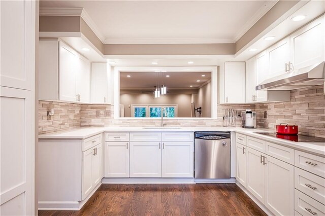 kitchen with stainless steel dishwasher, black electric cooktop, sink, dark hardwood / wood-style floors, and white cabinetry