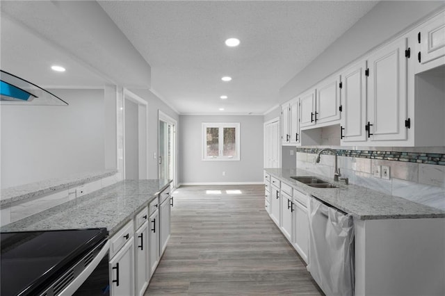 kitchen featuring light stone counters, electric range, a sink, white cabinets, and dishwasher