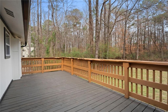 wooden terrace with a view of trees