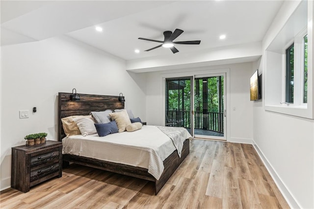 bedroom featuring baseboards, a ceiling fan, access to exterior, light wood-style floors, and recessed lighting