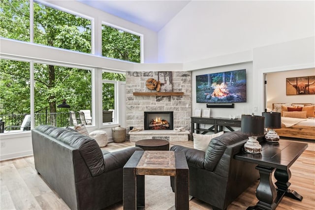 living area featuring a healthy amount of sunlight, a fireplace, and light wood-style flooring