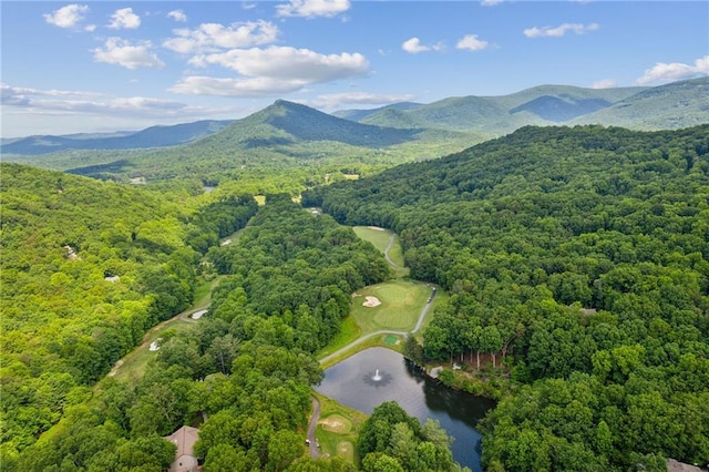 drone / aerial view featuring a wooded view and a water and mountain view