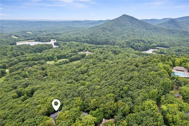 aerial view featuring a view of trees and a water and mountain view