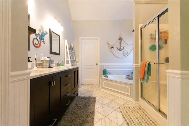 bathroom featuring vanity and plus walk in shower