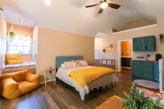 bedroom with dark hardwood / wood-style flooring, ceiling fan, and lofted ceiling