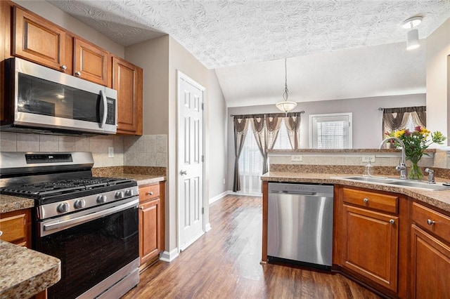 kitchen featuring vaulted ceiling, appliances with stainless steel finishes, dark hardwood / wood-style floors, tasteful backsplash, and sink