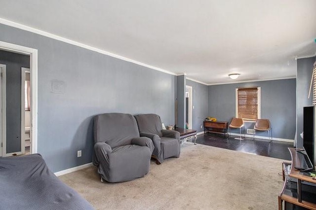 living area featuring carpet floors, crown molding, and baseboards