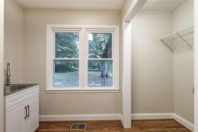 interior space featuring sink and dark hardwood / wood-style flooring