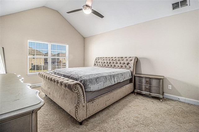 bedroom with baseboards, visible vents, vaulted ceiling, and carpet flooring