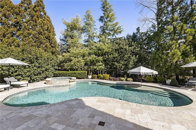 view of swimming pool featuring a patio area and a pool with connected hot tub