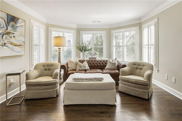 living room featuring crown molding and a wealth of natural light