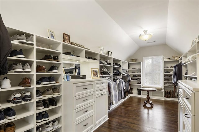 walk in closet with dark wood-style floors, visible vents, and vaulted ceiling