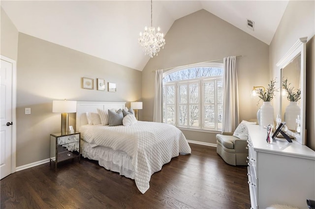 bedroom with high vaulted ceiling, dark wood-type flooring, visible vents, baseboards, and an inviting chandelier