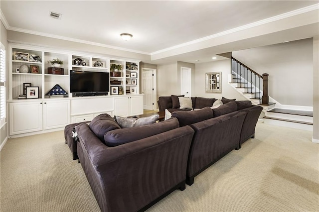 living area with ornamental molding, visible vents, light carpet, and stairs