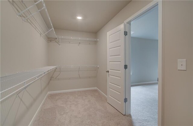 walk in closet with light carpet