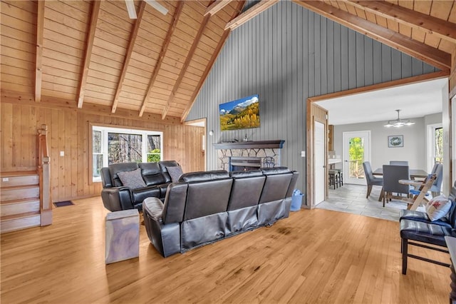 living area with a fireplace, wood ceiling, wood finished floors, and wood walls