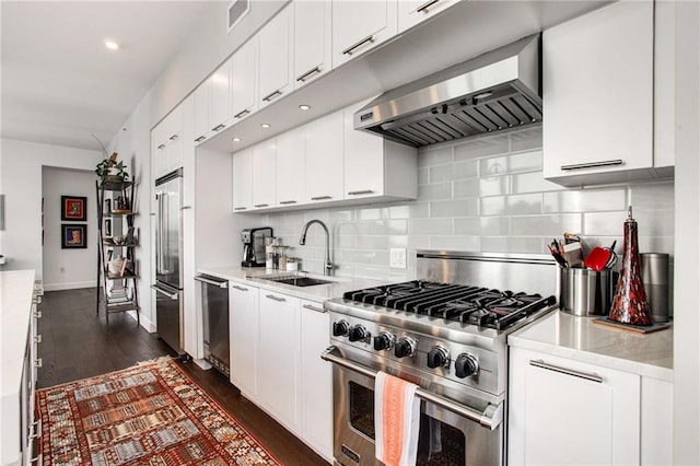 kitchen with sink, white cabinetry, ventilation hood, premium appliances, and dark hardwood / wood-style floors