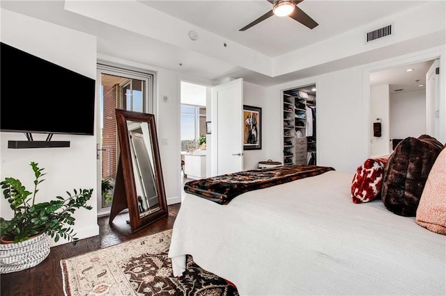 bedroom featuring dark wood-type flooring, a walk in closet, a raised ceiling, a closet, and ceiling fan