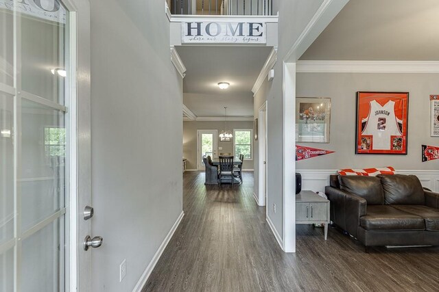 foyer featuring dark wood-style flooring, wainscoting, a chandelier, baseboards, and ornamental molding
