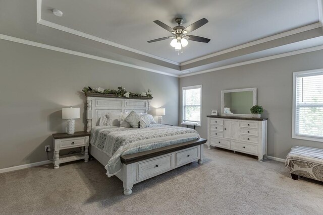bedroom featuring a tray ceiling, light colored carpet, and multiple windows