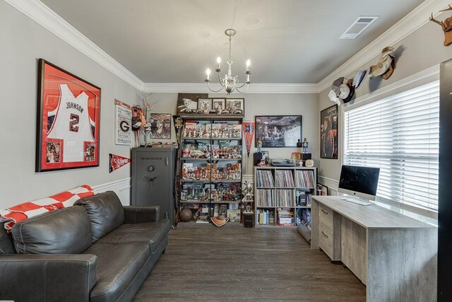 office area featuring wainscoting, a chandelier, ornamental molding, and visible vents