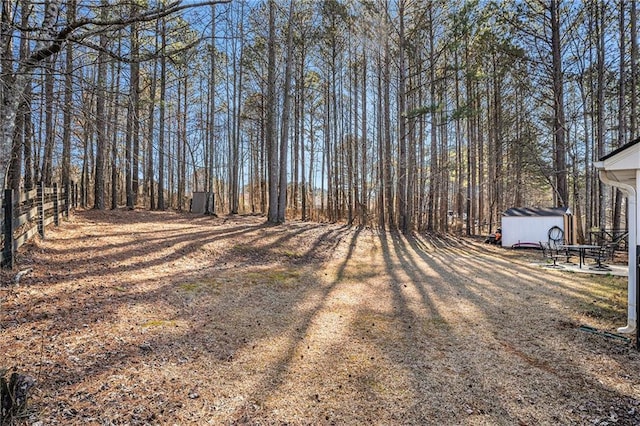 view of yard featuring an outbuilding, driveway, and a storage shed