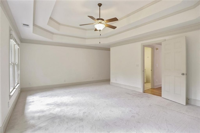 spare room with a raised ceiling, light colored carpet, and ornamental molding