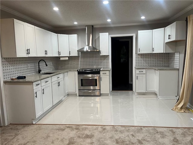 kitchen featuring white cabinetry, sink, wall chimney range hood, stainless steel electric range, and light tile patterned flooring