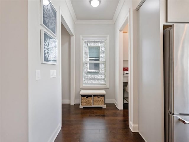 2506 Skyland Dr NE Unit 17, Atlanta, GA 30319 - hall featuring dark wood finished floors, ornamental molding, and baseboards