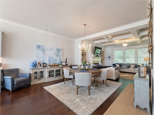 2506 Skyland Dr NE Unit 17, Atlanta, GA 30319 - dining room featuring ornamental molding, coffered ceiling, a chandelier, dark wood-style flooring, and beam ceiling