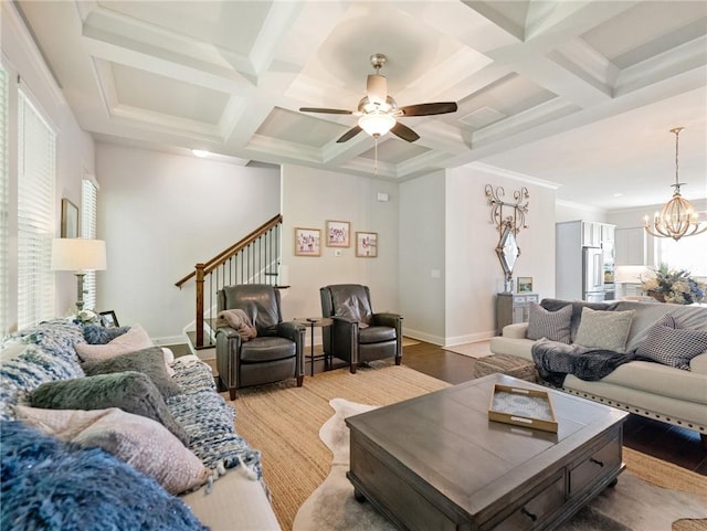 2506 Skyland Dr NE Unit 17, Atlanta, GA 30319 - living area featuring stairway, coffered ceiling, ceiling fan, beam ceiling, and a chandelier