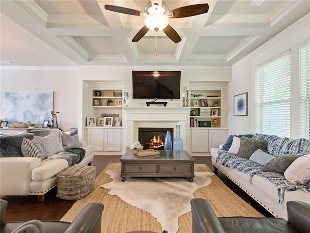 2506 Skyland Dr NE Unit 17, Atlanta, GA 30319 - living area featuring a ceiling fan, a large fireplace, built in features, wood finished floors, and coffered ceiling
