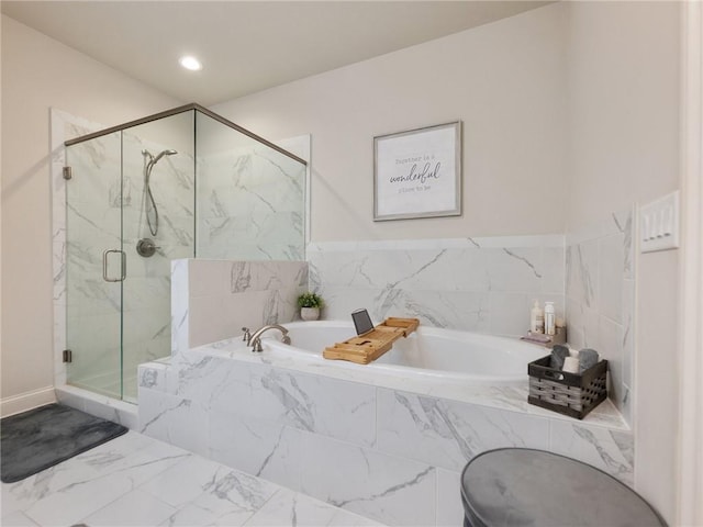 2506 Skyland Dr NE Unit 17, Atlanta, GA 30319 - bathroom with a garden tub, a marble finish shower, marble finish floors, and recessed lighting