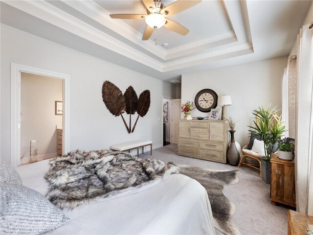 2506 Skyland Dr NE Unit 17, Atlanta, GA 30319 - bedroom with a raised ceiling, light colored carpet, ensuite bathroom, and ceiling fan