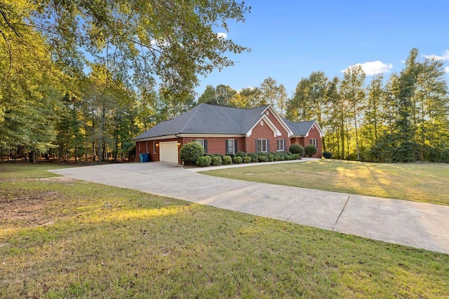 ranch-style home with a garage and a front lawn