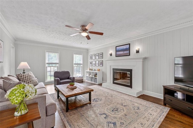 4546 Graywood Trce, Peachtree Corners, GA 30092 - living area with dark wood-style flooring, ceiling fan, ornamental molding, a glass covered fireplace, and a textured ceiling