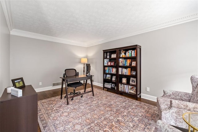 4546 Graywood Trce, Peachtree Corners, GA 30092 - office area with wood finished floors, crown molding, and a textured ceiling