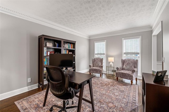 4546 Graywood Trce, Peachtree Corners, GA 30092 - office area with a textured ceiling, dark wood finished floors, and ornamental molding