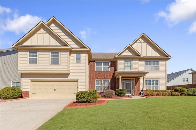 craftsman house with brick siding, board and batten siding, driveway, and a front yard