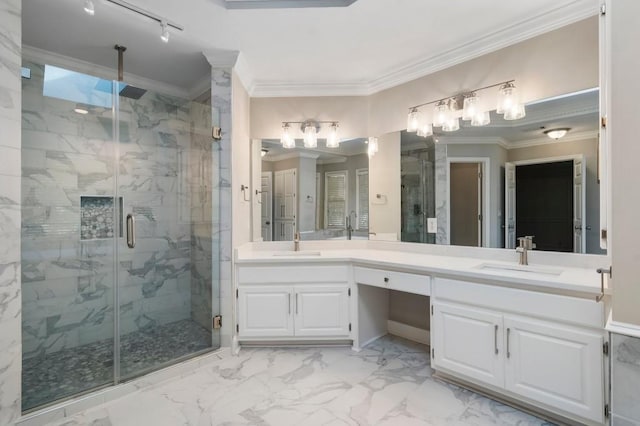 940 Waters Reach Ct, Alpharetta, GA 30022 - bathroom featuring a sink, ornamental molding, and a marble finish shower