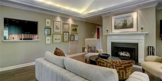 470 Ansley Walk Ter NE, Atlanta, GA 30309 - living area with wood finished floors, crown molding, a fireplace with raised hearth, and a raised ceiling
